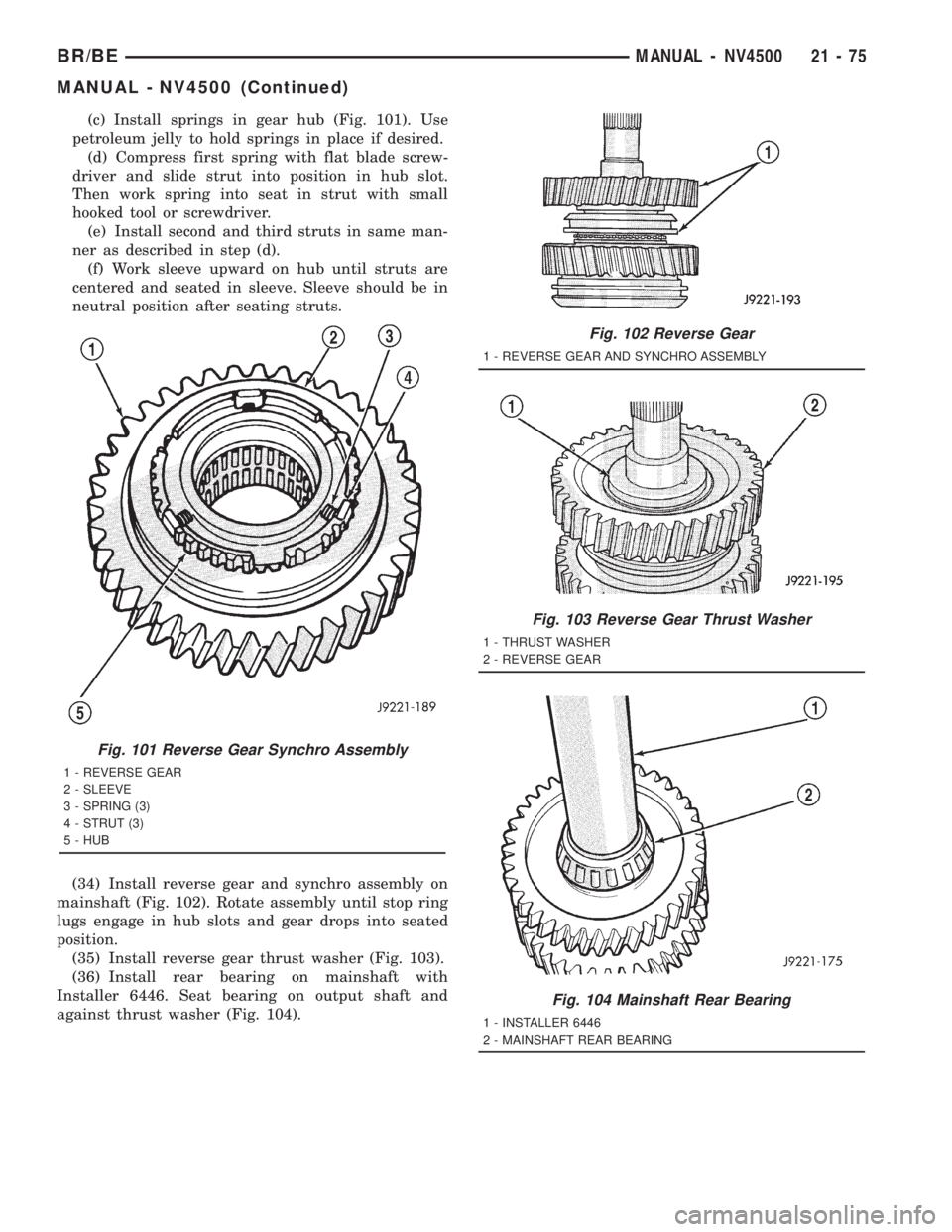 DODGE RAM 2001  Service Repair Manual (c) Install springs in gear hub (Fig. 101). Use
petroleum jelly to hold springs in place if desired.
(d) Compress first spring with flat blade screw-
driver and slide strut into position in hub slot.
