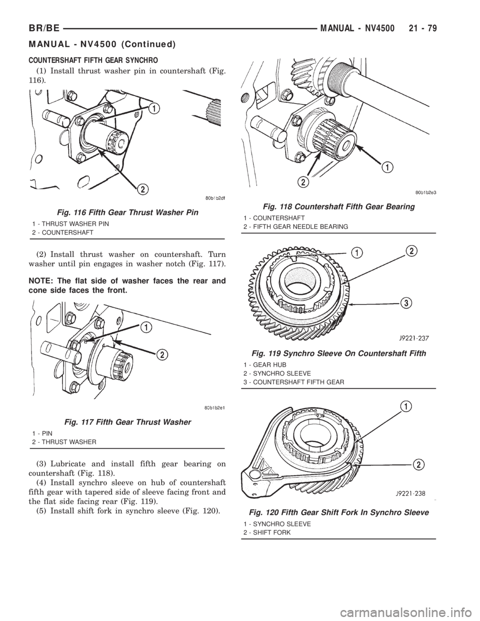 DODGE RAM 2001  Service Repair Manual COUNTERSHAFT FIFTH GEAR SYNCHRO
(1) Install thrust washer pin in countershaft (Fig.
116).
(2) Install thrust washer on countershaft. Turn
washer until pin engages in washer notch (Fig. 117).
NOTE: The