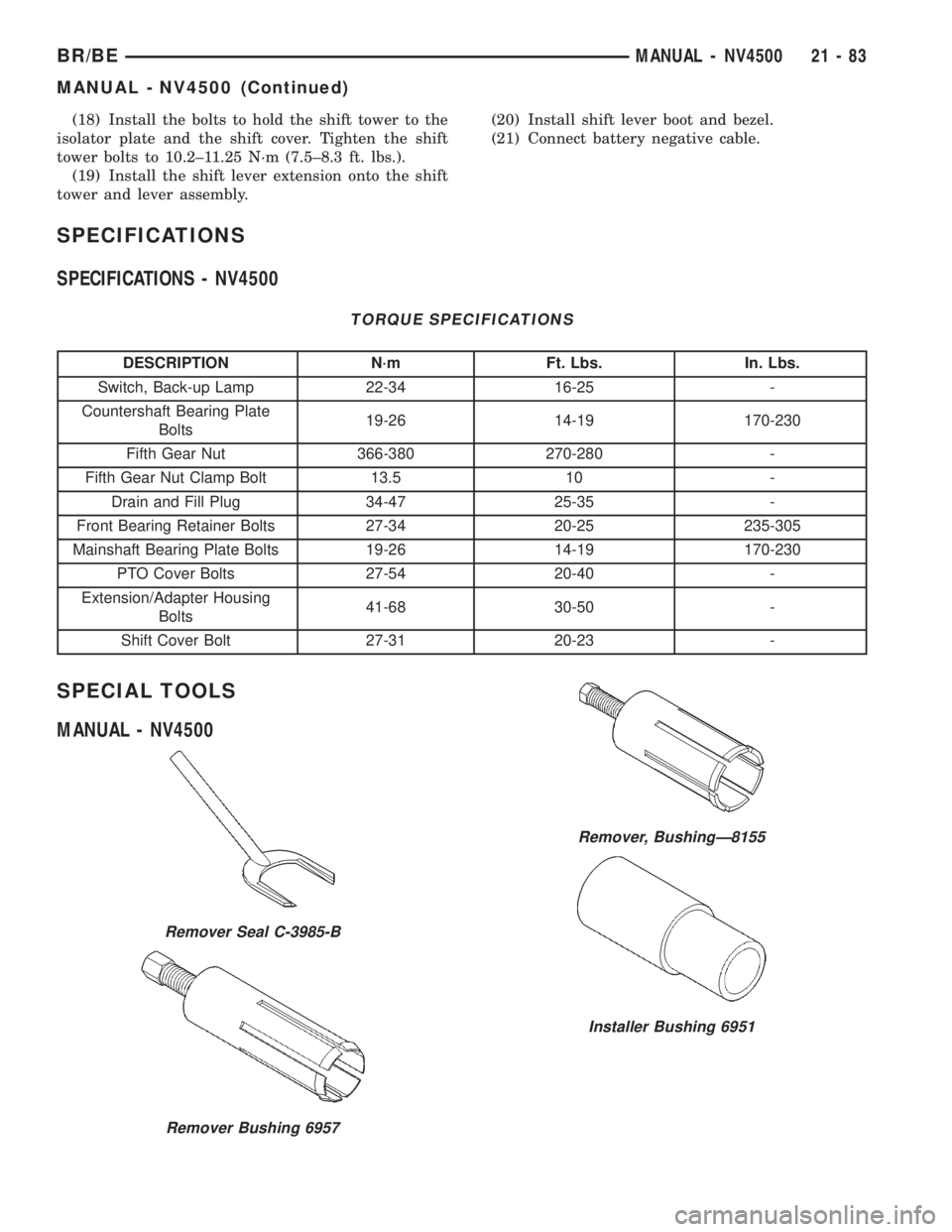 DODGE RAM 2001  Service Repair Manual (18) Install the bolts to hold the shift tower to the
isolator plate and the shift cover. Tighten the shift
tower bolts to 10.2±11.25 N´m (7.5±8.3 ft. lbs.).
(19) Install the shift lever extension 
