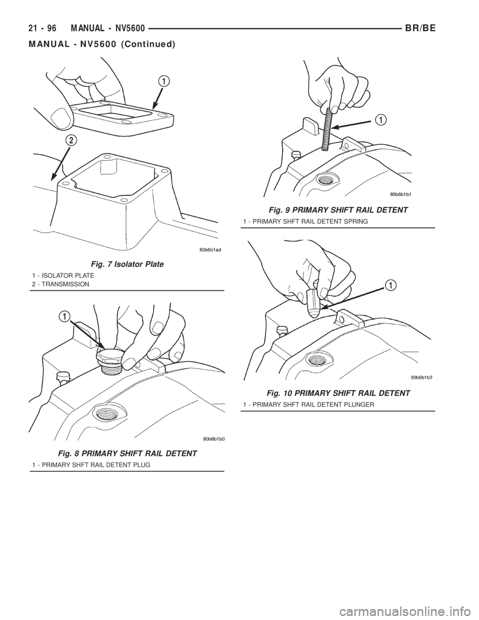 DODGE RAM 2001  Service Repair Manual Fig. 7 Isolator Plate
1 - ISOLATOR PLATE
2 - TRANSMISSION
Fig. 8 PRIMARY SHIFT RAIL DETENT
1 - PRIMARY SHFT RAIL DETENT PLUG
Fig. 9 PRIMARY SHIFT RAIL DETENT
1 - PRIMARY SHFT RAIL DETENT SPRING
Fig. 1