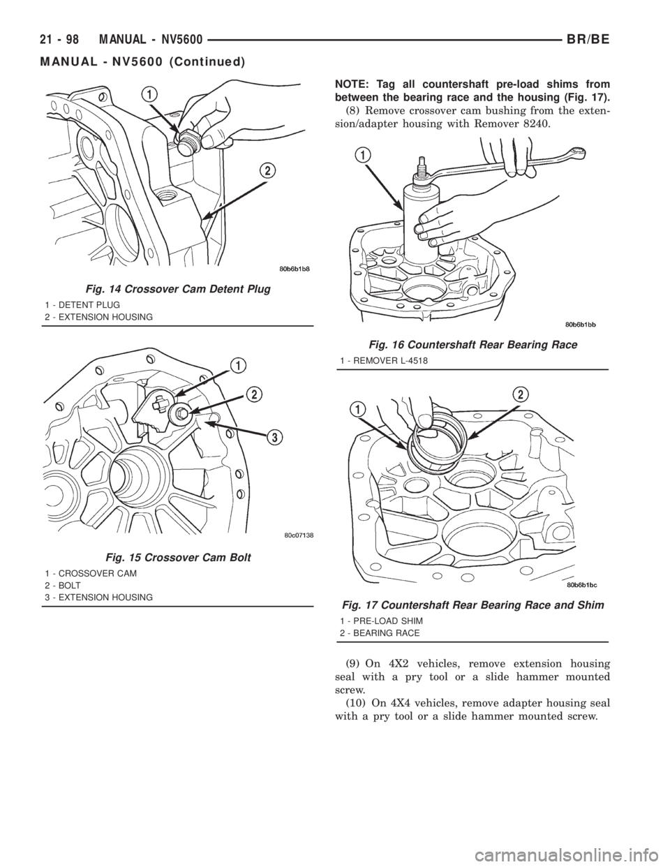 DODGE RAM 2001  Service Repair Manual NOTE: Tag all countershaft pre-load shims from
between the bearing race and the housing (Fig. 17).
(8) Remove crossover cam bushing from the exten-
sion/adapter housing with Remover 8240.
(9) On 4X2 v