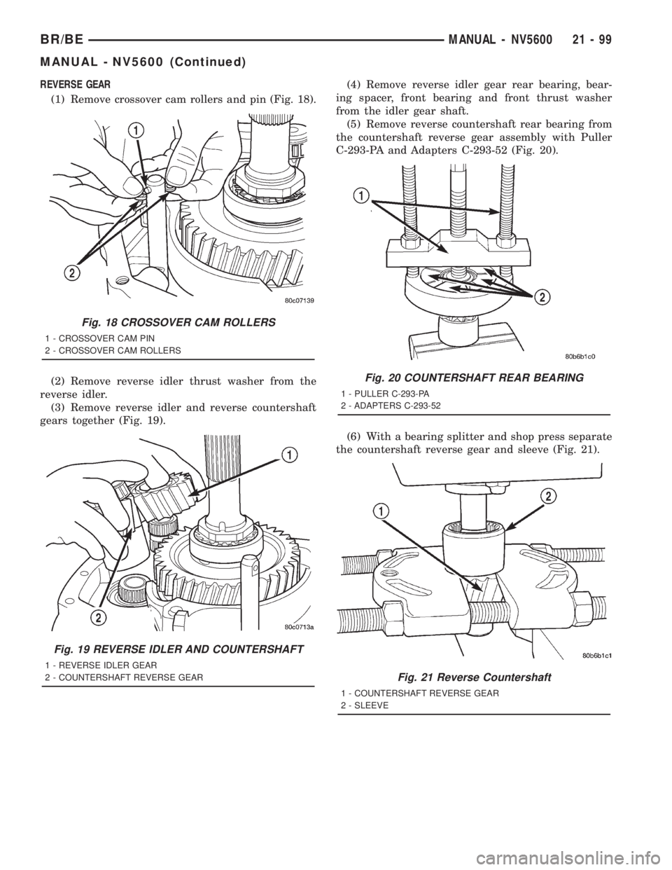 DODGE RAM 2001  Service Repair Manual REVERSE GEAR
(1) Remove crossover cam rollers and pin (Fig. 18).
(2) Remove reverse idler thrust washer from the
reverse idler.
(3) Remove reverse idler and reverse countershaft
gears together (Fig. 1
