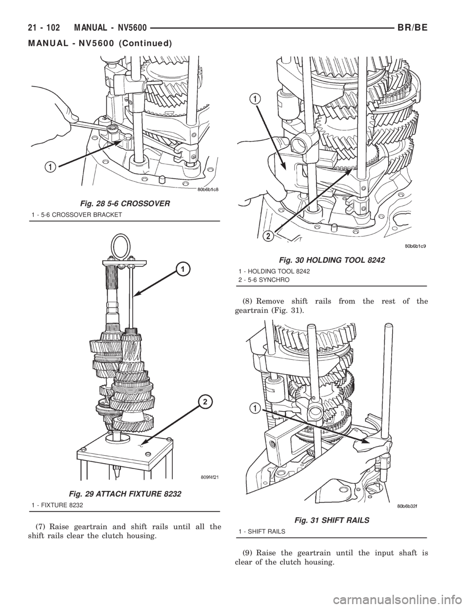 DODGE RAM 2001  Service Repair Manual (7) Raise geartrain and shift rails until all the
shift rails clear the clutch housing.(8) Remove shift rails from the rest of the
geartrain (Fig. 31).
(9) Raise the geartrain until the input shaft is