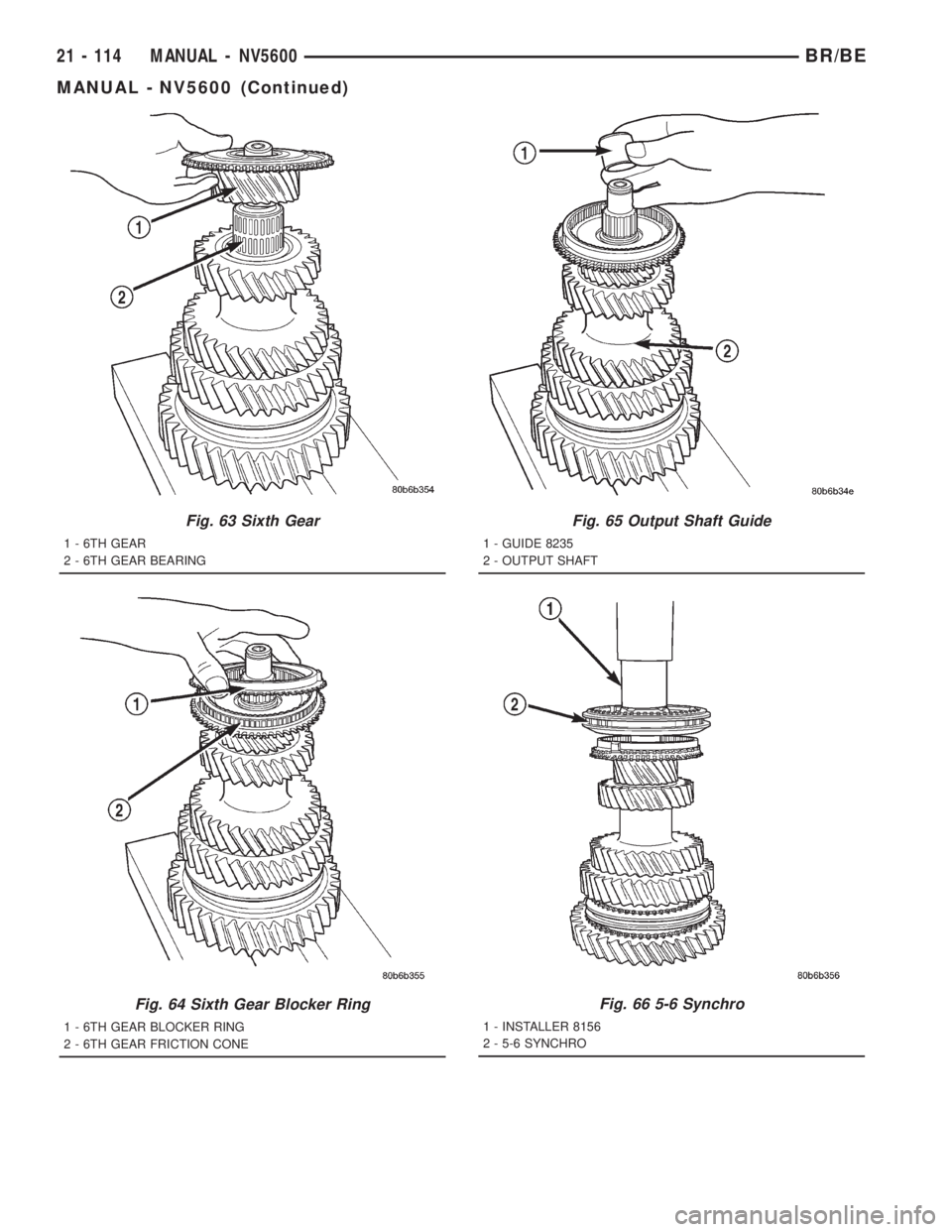 DODGE RAM 2001  Service Repair Manual Fig. 63 Sixth Gear
1 - 6TH GEAR
2 - 6TH GEAR BEARING
Fig. 64 Sixth Gear Blocker Ring
1 - 6TH GEAR BLOCKER RING
2 - 6TH GEAR FRICTION CONE
Fig. 65 Output Shaft Guide
1 - GUIDE 8235
2 - OUTPUT SHAFT
Fig