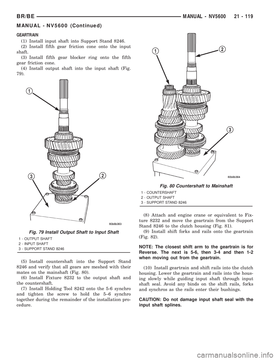 DODGE RAM 2001  Service Repair Manual GEARTRAIN
(1) Install input shaft into Support Stand 8246.
(2) Install fifth gear friction cone onto the input
shaft.
(3) Install fifth gear blocker ring onto the fifth
gear friction cone.
(4) Install