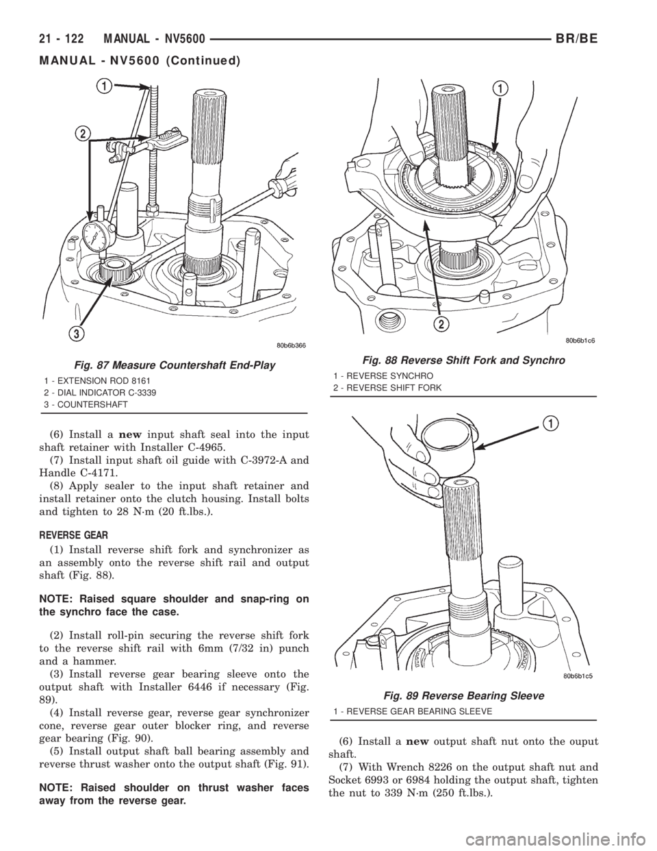 DODGE RAM 2001  Service Repair Manual (6) Install anewinput shaft seal into the input
shaft retainer with Installer C-4965.
(7) Install input shaft oil guide with C-3972-A and
Handle C-4171.
(8) Apply sealer to the input shaft retainer an