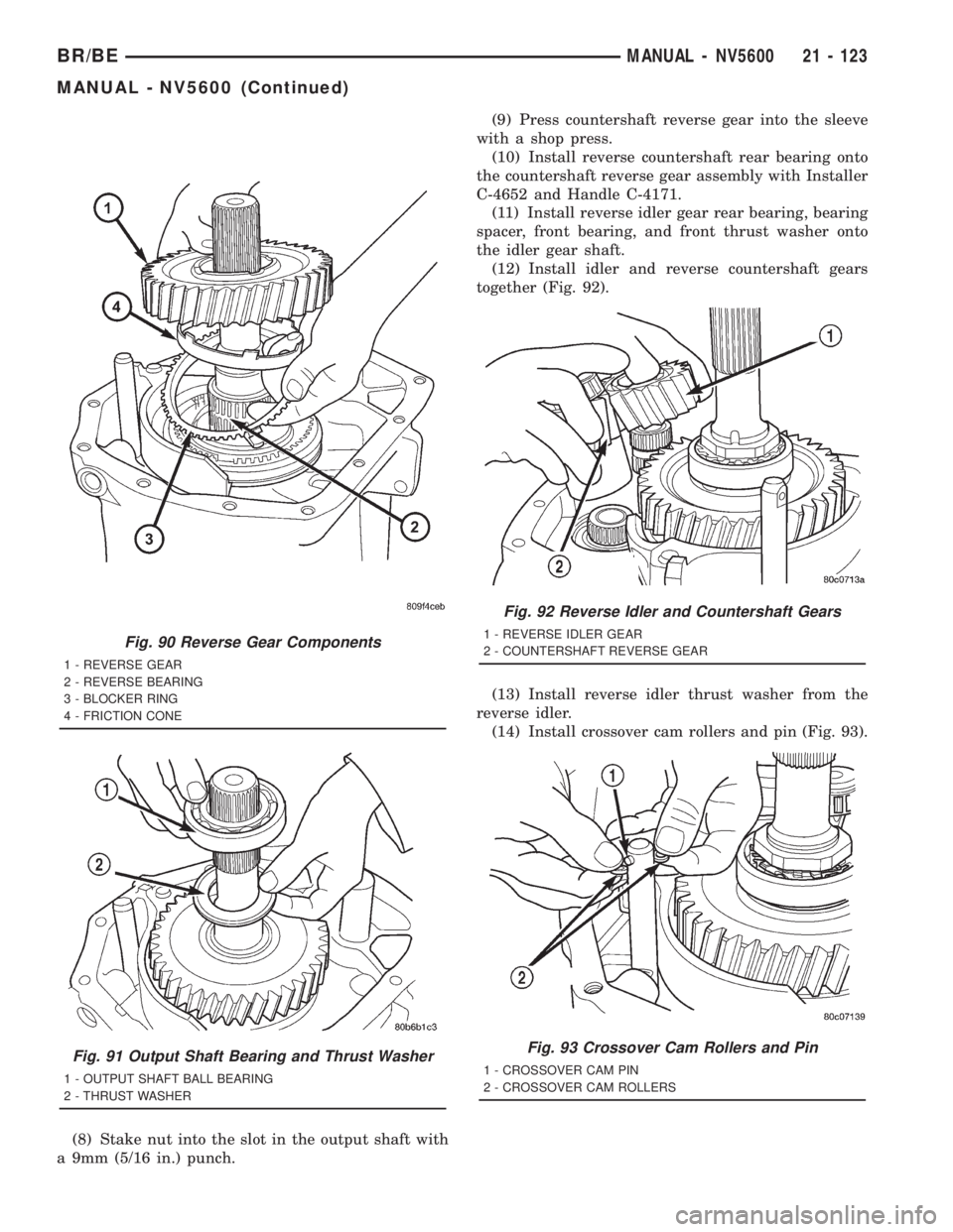 DODGE RAM 2001  Service Repair Manual (8) Stake nut into the slot in the output shaft with
a 9mm (5/16 in.) punch.(9) Press countershaft reverse gear into the sleeve
with a shop press.
(10) Install reverse countershaft rear bearing onto
t