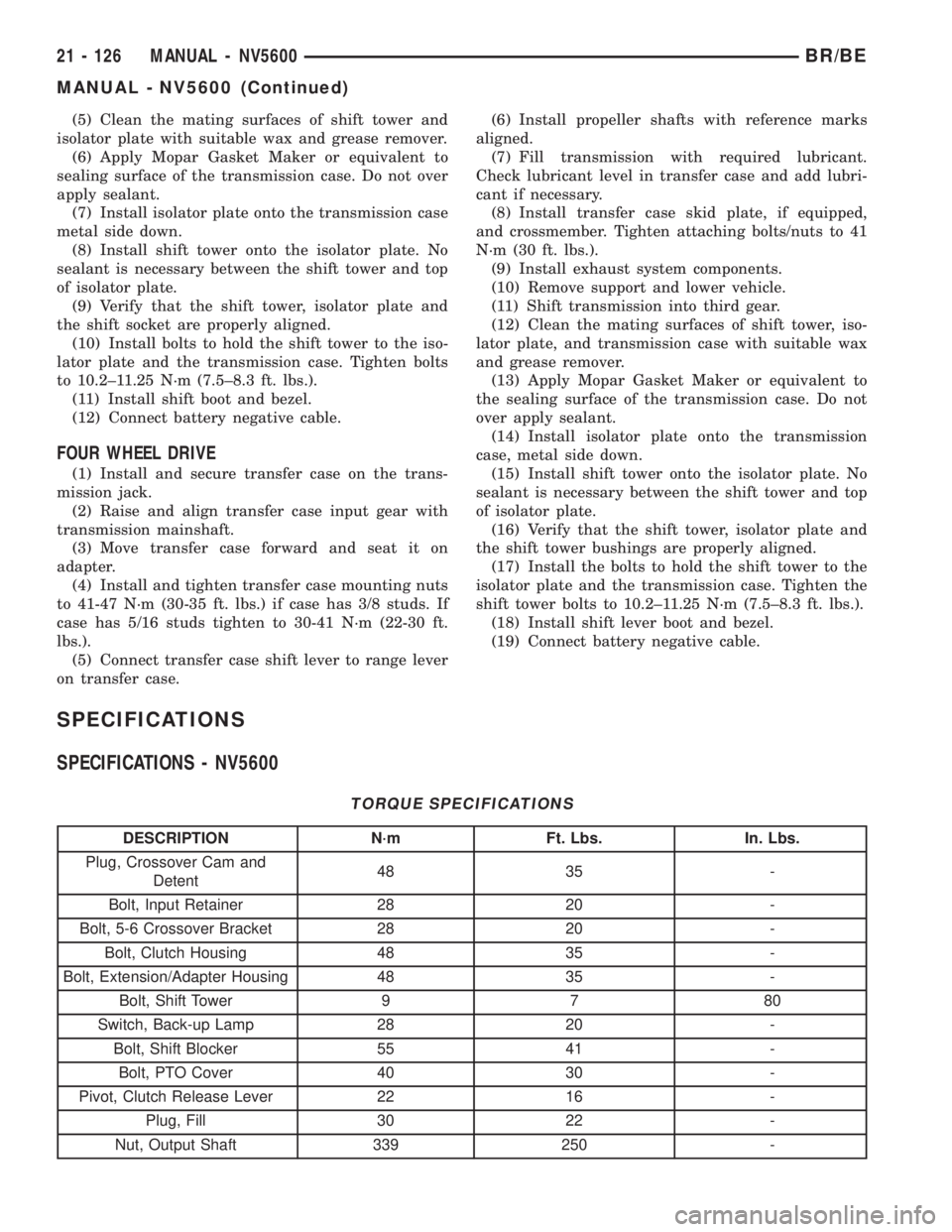 DODGE RAM 2001 Service Repair Manual (5) Clean the mating surfaces of shift tower and
isolator plate with suitable wax and grease remover.
(6) Apply Mopar Gasket Maker or equivalent to
sealing surface of the transmission case. Do not ove DODGE RAM 2001 Service Repair Manual (5) Clean the mating surfaces of shift tower and
isolator plate with suitable wax and grease remover.
(6) Apply Mopar Gasket Maker or equivalent to
sealing surface of the transmission case. Do not ove