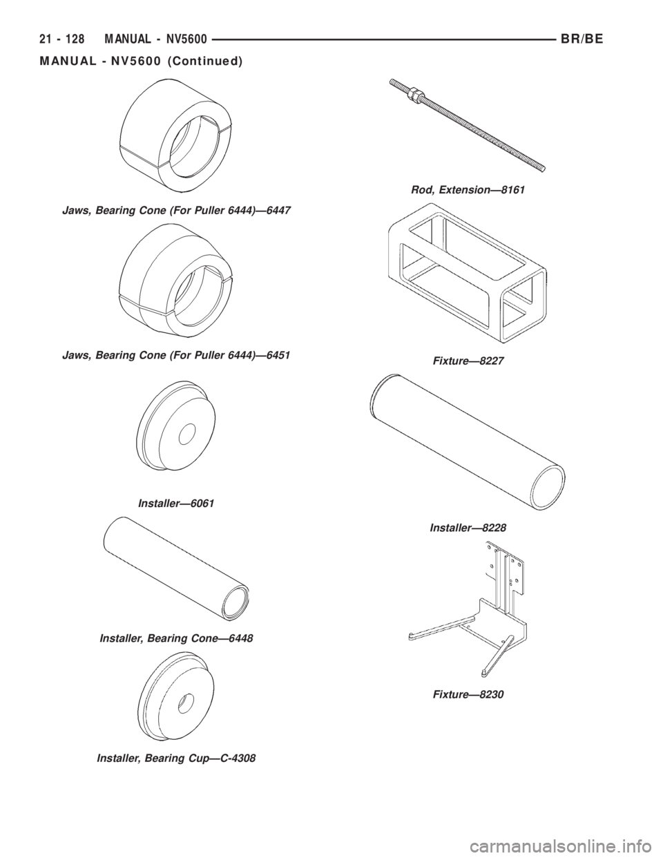 DODGE RAM 2001 Service Repair Manual Jaws, Bearing Cone (For Puller 6444)Ð6447
Jaws, Bearing Cone (For Puller 6444)Ð6451
InstallerÐ6061
Installer, Bearing ConeÐ6448
Installer, Bearing CupÐC-4308
Rod, ExtensionÐ8161
FixtureÐ8227
In DODGE RAM 2001 Service Repair Manual Jaws, Bearing Cone (For Puller 6444)Ð6447
Jaws, Bearing Cone (For Puller 6444)Ð6451
InstallerÐ6061
Installer, Bearing ConeÐ6448
Installer, Bearing CupÐC-4308
Rod, ExtensionÐ8161
FixtureÐ8227
In