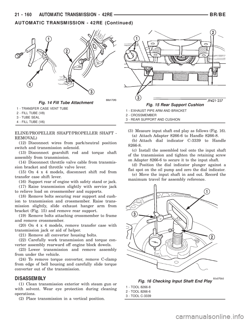 DODGE RAM 2001 Service Repair Manual ELINE/PROPELLER SHAFT/PROPELLER SHAFT -
REMOVAL)
(12) Disconnect wires from park/neutral position
switch and transmission solenoid.
(13) Disconnect gearshift rod and torque shaft
assembly from transmi DODGE RAM 2001 Service Repair Manual ELINE/PROPELLER SHAFT/PROPELLER SHAFT -
REMOVAL)
(12) Disconnect wires from park/neutral position
switch and transmission solenoid.
(13) Disconnect gearshift rod and torque shaft
assembly from transmi