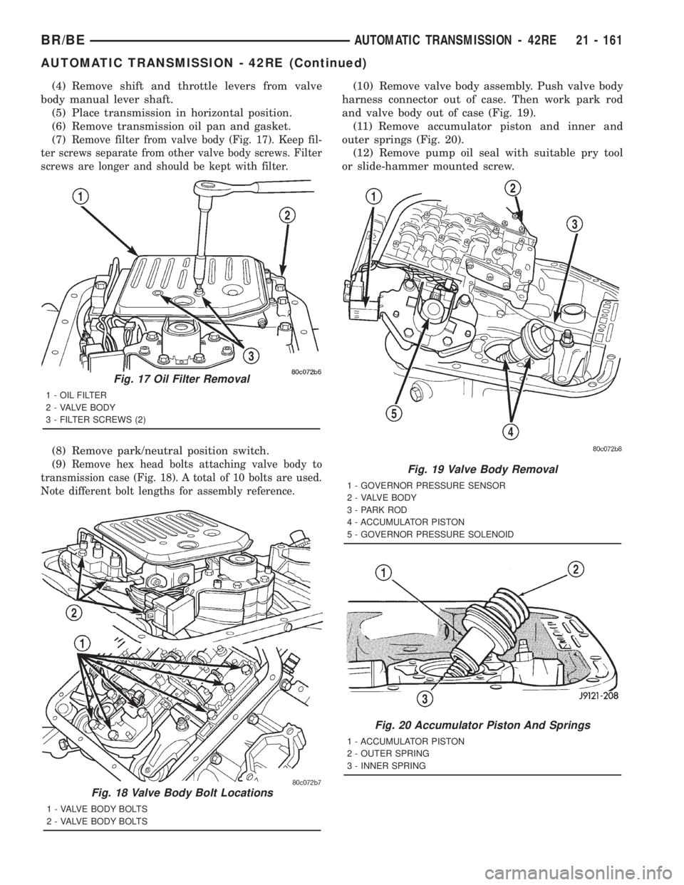 DODGE RAM 2001 Service Repair Manual (4) Remove shift and throttle levers from valve
body manual lever shaft.
(5) Place transmission in horizontal position.
(6) Remove transmission oil pan and gasket.
(7)
Remove filter from valve body (F DODGE RAM 2001 Service Repair Manual (4) Remove shift and throttle levers from valve
body manual lever shaft.
(5) Place transmission in horizontal position.
(6) Remove transmission oil pan and gasket.
(7)
Remove filter from valve body (F