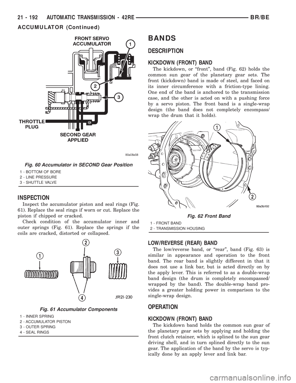 DODGE RAM 2001 Service Repair Manual INSPECTION
Inspect the accumulator piston and seal rings (Fig.
61). Replace the seal rings if worn or cut. Replace the
piston if chipped or cracked.
Check condition of the accumulator inner and
outer DODGE RAM 2001 Service Repair Manual INSPECTION
Inspect the accumulator piston and seal rings (Fig.
61). Replace the seal rings if worn or cut. Replace the
piston if chipped or cracked.
Check condition of the accumulator inner and
outer