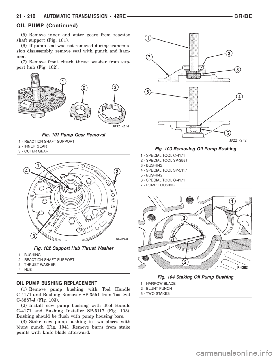 DODGE RAM 2001 Service Repair Manual (5) Remove inner and outer gears from reaction
shaft support (Fig. 101).
(6) If pump seal was not removed during transmis-
sion disassembly, remove seal with punch and ham-
mer.
(7) Remove front clutc DODGE RAM 2001 Service Repair Manual (5) Remove inner and outer gears from reaction
shaft support (Fig. 101).
(6) If pump seal was not removed during transmis-
sion disassembly, remove seal with punch and ham-
mer.
(7) Remove front clutc