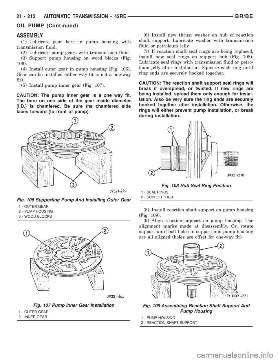 DODGE RAM 2001 Service Repair Manual ASSEMBLY
(1) Lubricate gear bore in pump housing with
transmission fluid.
(2) Lubricate pump gears with transmission fluid.
(3) Support pump housing on wood blocks (Fig.
106).
(4) Install outer gear i DODGE RAM 2001 Service Repair Manual ASSEMBLY
(1) Lubricate gear bore in pump housing with
transmission fluid.
(2) Lubricate pump gears with transmission fluid.
(3) Support pump housing on wood blocks (Fig.
106).
(4) Install outer gear i