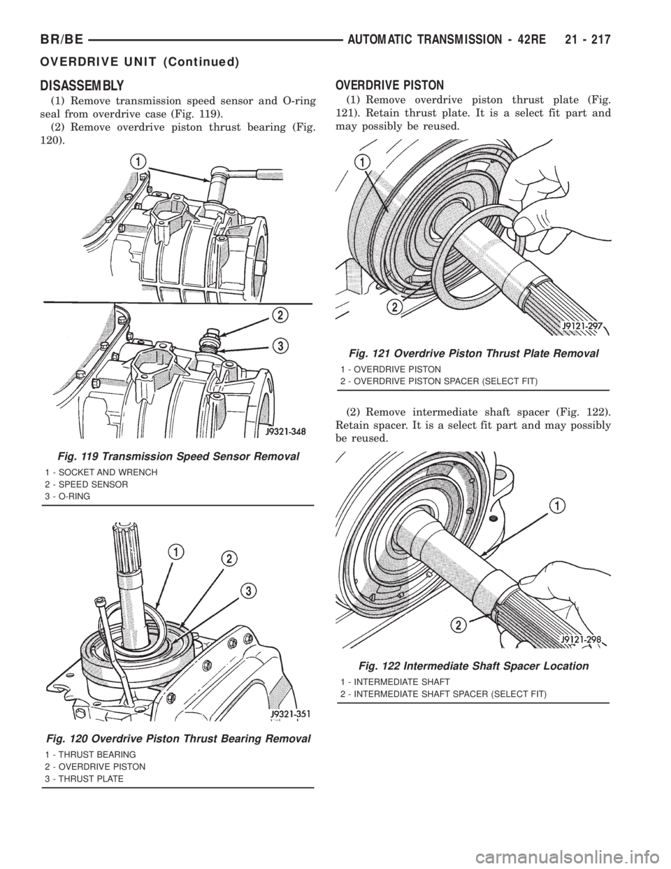 DODGE RAM 2001 Service Repair Manual DISASSEMBLY
(1) Remove transmission speed sensor and O-ring
seal from overdrive case (Fig. 119).
(2) Remove overdrive piston thrust bearing (Fig.
120).
OVERDRIVE PISTON
(1) Remove overdrive piston thr DODGE RAM 2001 Service Repair Manual DISASSEMBLY
(1) Remove transmission speed sensor and O-ring
seal from overdrive case (Fig. 119).
(2) Remove overdrive piston thrust bearing (Fig.
120).
OVERDRIVE PISTON
(1) Remove overdrive piston thr