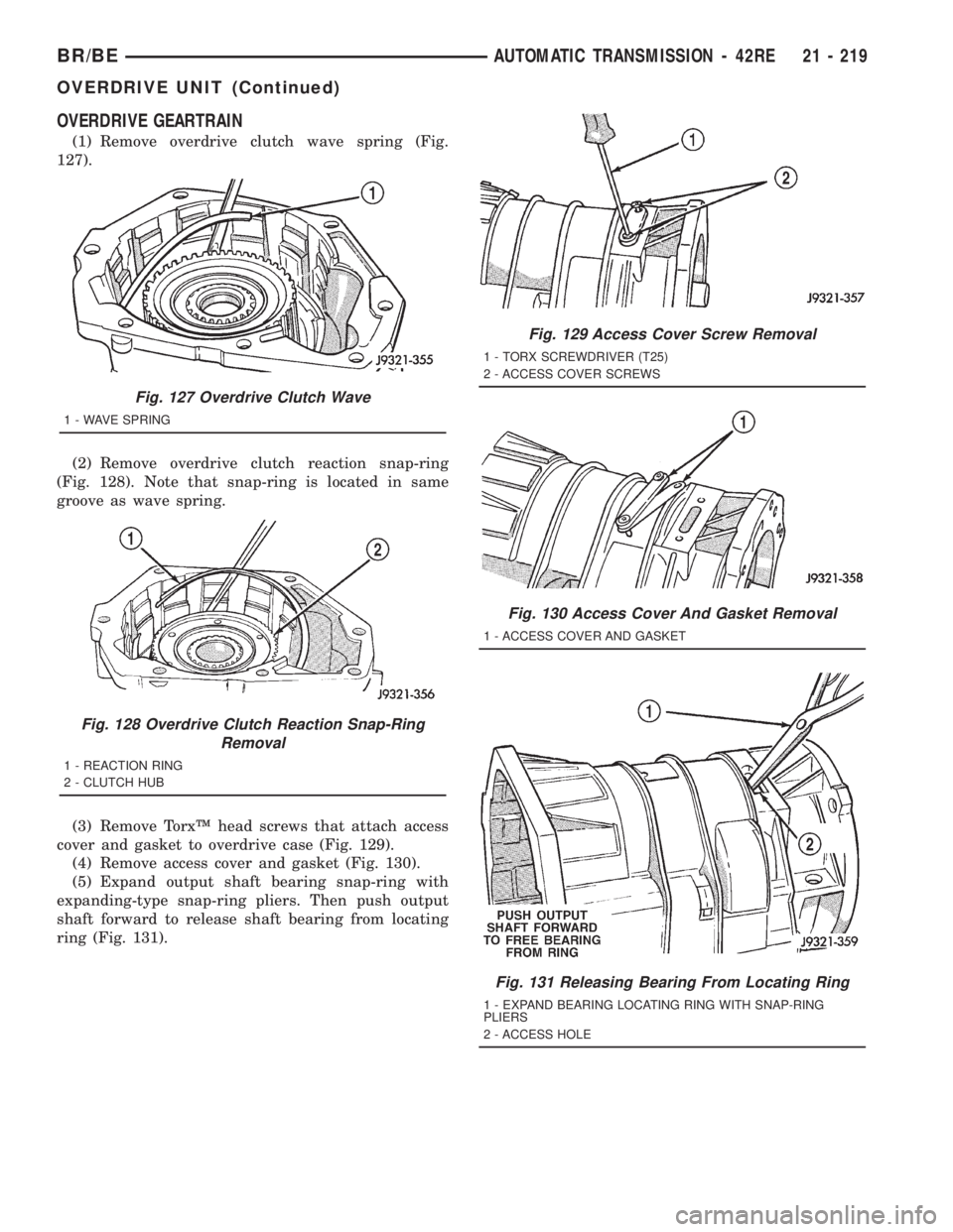 DODGE RAM 2001 Service Repair Manual OVERDRIVE GEARTRAIN
(1) Remove overdrive clutch wave spring (Fig.
127).
(2) Remove overdrive clutch reaction snap-ring
(Fig. 128). Note that snap-ring is located in same
groove as wave spring.
(3) Rem DODGE RAM 2001 Service Repair Manual OVERDRIVE GEARTRAIN
(1) Remove overdrive clutch wave spring (Fig.
127).
(2) Remove overdrive clutch reaction snap-ring
(Fig. 128). Note that snap-ring is located in same
groove as wave spring.
(3) Rem