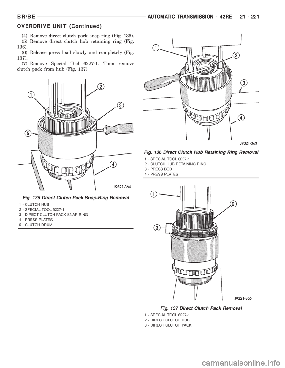 DODGE RAM 2001 Service Repair Manual (4) Remove direct clutch pack snap-ring (Fig. 135).
(5) Remove direct clutch hub retaining ring (Fig.
136).
(6) Release press load slowly and completely (Fig.
137).
(7) Remove Special Tool 6227-1. The DODGE RAM 2001 Service Repair Manual (4) Remove direct clutch pack snap-ring (Fig. 135).
(5) Remove direct clutch hub retaining ring (Fig.
136).
(6) Release press load slowly and completely (Fig.
137).
(7) Remove Special Tool 6227-1. The