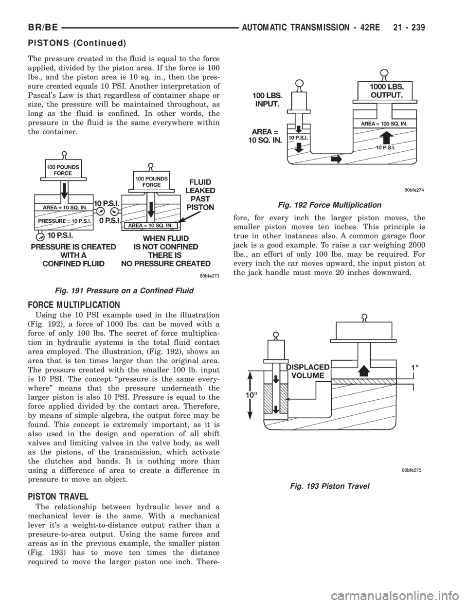 DODGE RAM 2001 Service Repair Manual The pressure created in the fluid is equal to the force
applied, divided by the piston area. If the force is 100
lbs., and the piston area is 10 sq. in., then the pres-
sure created equals 10 PSI. Ano DODGE RAM 2001 Service Repair Manual The pressure created in the fluid is equal to the force
applied, divided by the piston area. If the force is 100
lbs., and the piston area is 10 sq. in., then the pres-
sure created equals 10 PSI. Ano