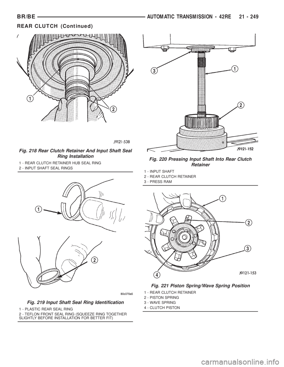 DODGE RAM 2001 Service Repair Manual Fig. 218 Rear Clutch Retainer And Input Shaft Seal
Ring Installation
1 - REAR CLUTCH RETAINER HUB SEAL RING
2 - INPUT SHAFT SEAL RINGS
Fig. 219 Input Shaft Seal Ring Identification
1 - PLASTIC REAR SE DODGE RAM 2001 Service Repair Manual Fig. 218 Rear Clutch Retainer And Input Shaft Seal
Ring Installation
1 - REAR CLUTCH RETAINER HUB SEAL RING
2 - INPUT SHAFT SEAL RINGS
Fig. 219 Input Shaft Seal Ring Identification
1 - PLASTIC REAR SE