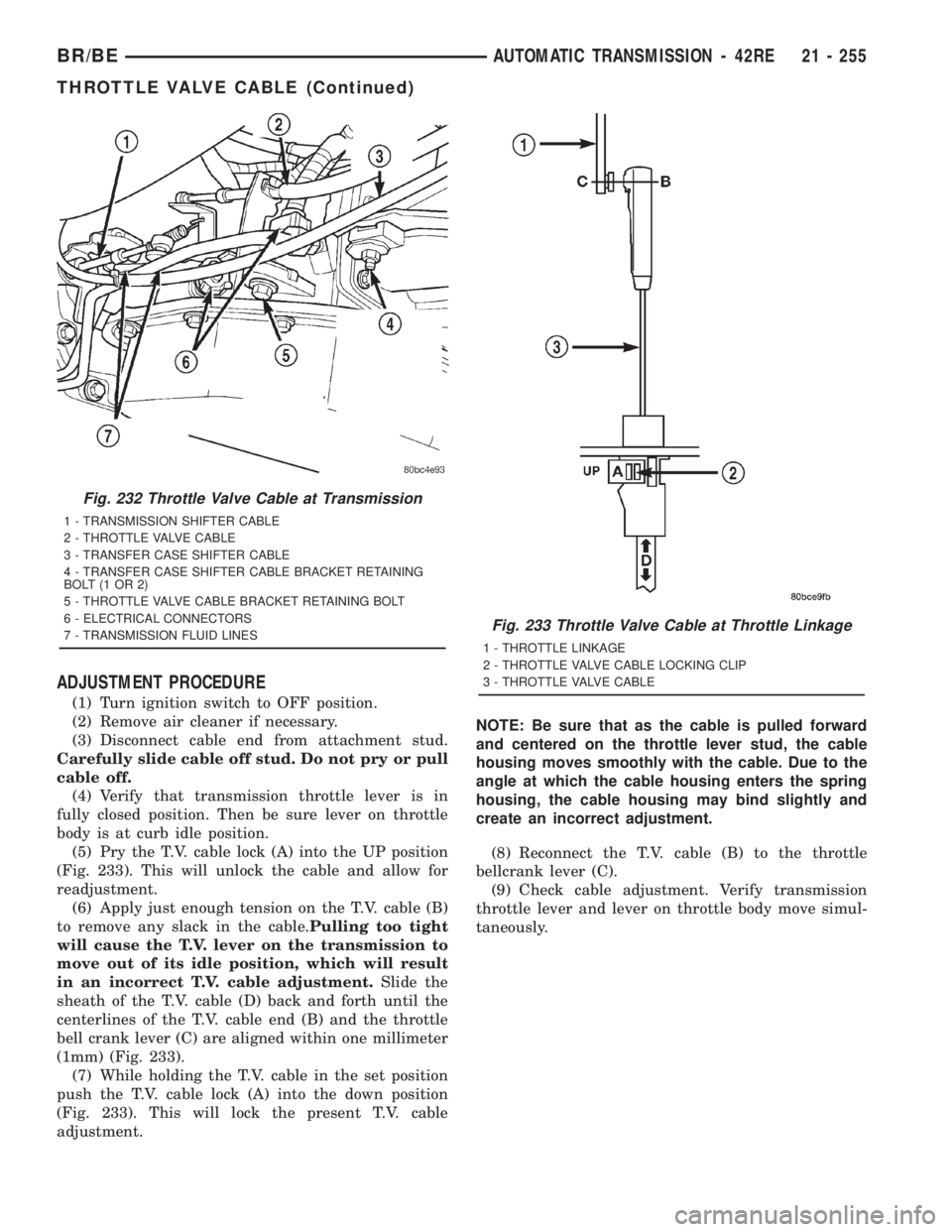 DODGE RAM 2001 Service Repair Manual ADJUSTMENT PROCEDURE
(1) Turn ignition switch to OFF position.
(2) Remove air cleaner if necessary.
(3) Disconnect cable end from attachment stud.
Carefully slide cable off stud. Do not pry or pull
ca DODGE RAM 2001 Service Repair Manual ADJUSTMENT PROCEDURE
(1) Turn ignition switch to OFF position.
(2) Remove air cleaner if necessary.
(3) Disconnect cable end from attachment stud.
Carefully slide cable off stud. Do not pry or pull
ca
