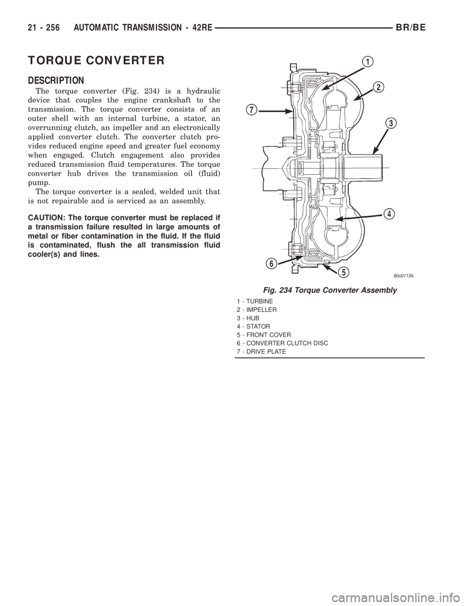 DODGE RAM 2001  Service Repair Manual TORQUE CONVERTER
DESCRIPTION
The torque converter (Fig. 234) is a hydraulic
device that couples the engine crankshaft to the
transmission. The torque converter consists of an
outer shell with an inter