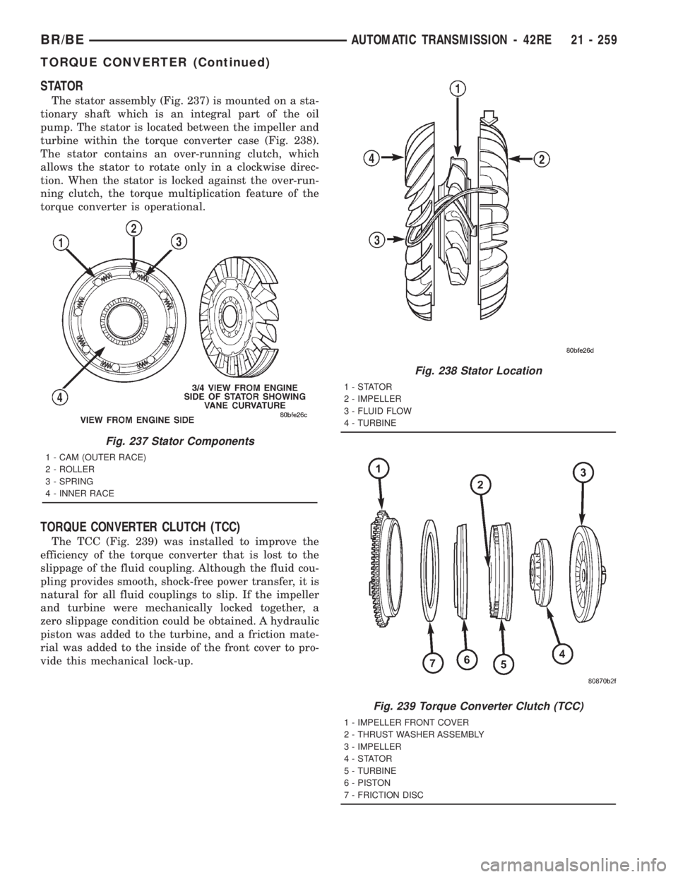 DODGE RAM 2001  Service Repair Manual STATOR
The stator assembly (Fig. 237) is mounted on a sta-
tionary shaft which is an integral part of the oil
pump. The stator is located between the impeller and
turbine within the torque converter c