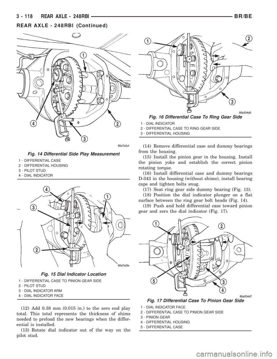 DODGE RAM 2001  Service Repair Manual (12) Add 0.38 mm (0.015 in.) to the zero end play
total. This total represents the thickness of shims
needed to preload the new bearings when the differ-
ential is installed.
(13) Rotate dial indicato