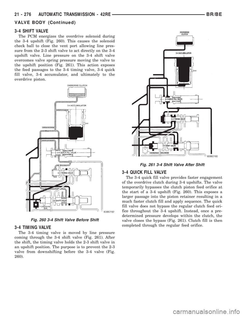 DODGE RAM 2001 Service Repair Manual 3-4 SHIFT VALVE
The PCM energizes the overdrive solenoid during
the 3-4 upshift (Fig. 260). This causes the solenoid
check ball to close the vent port allowing line pres-
sure from the 2-3 shift valve DODGE RAM 2001 Service Repair Manual 3-4 SHIFT VALVE
The PCM energizes the overdrive solenoid during
the 3-4 upshift (Fig. 260). This causes the solenoid
check ball to close the vent port allowing line pres-
sure from the 2-3 shift valve