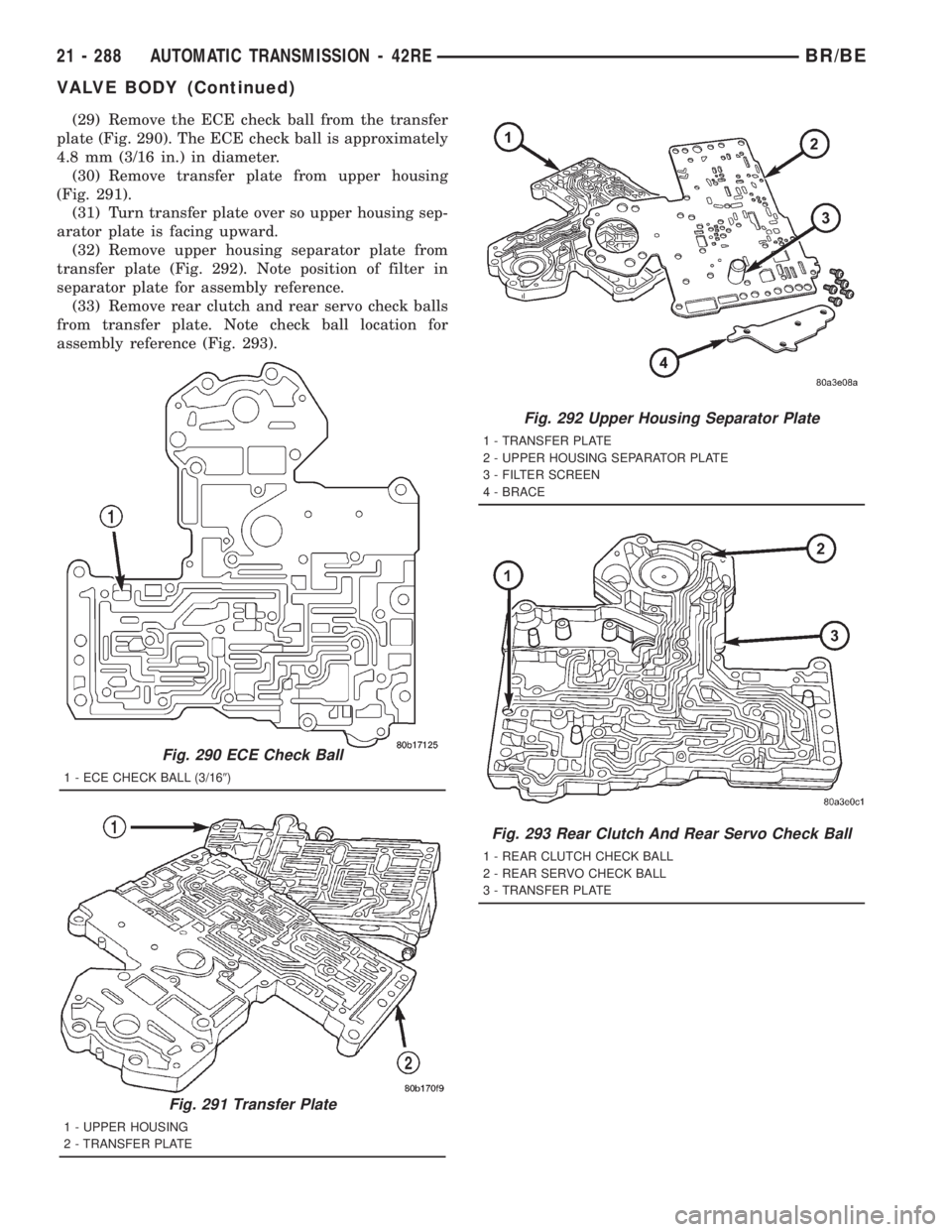 DODGE RAM 2001 Service Repair Manual (29) Remove the ECE check ball from the transfer
plate (Fig. 290). The ECE check ball is approximately
4.8 mm (3/16 in.) in diameter.
(30) Remove transfer plate from upper housing
(Fig. 291).
(31) Tur DODGE RAM 2001 Service Repair Manual (29) Remove the ECE check ball from the transfer
plate (Fig. 290). The ECE check ball is approximately
4.8 mm (3/16 in.) in diameter.
(30) Remove transfer plate from upper housing
(Fig. 291).
(31) Tur