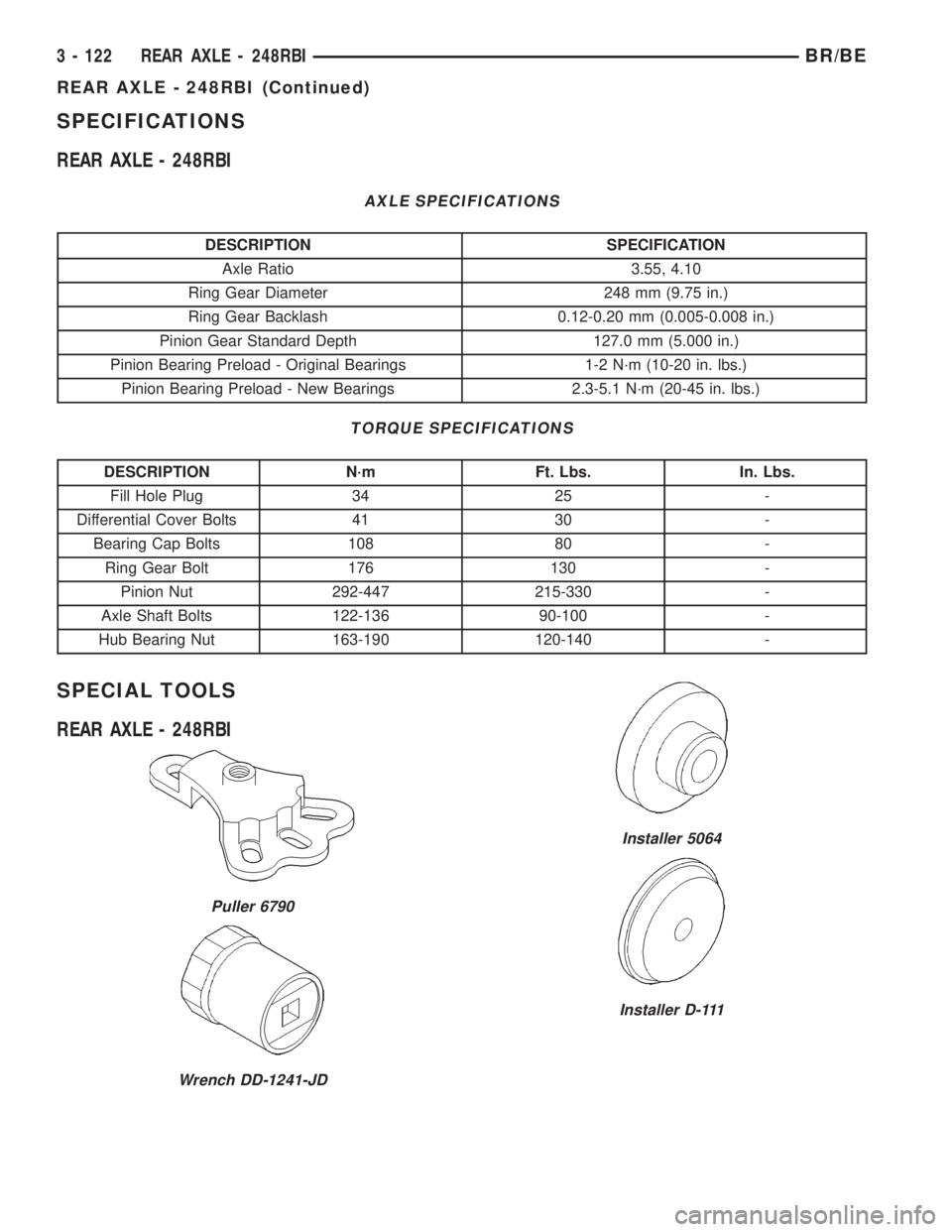 DODGE RAM 2001  Service Repair Manual SPECIFICATIONS
REAR AXLE - 248RBI
AXLE SPECIFICATIONS
DESCRIPTION SPECIFICATION
Axle Ratio 3.55, 4.10
Ring Gear Diameter 248 mm (9.75 in.)
Ring Gear Backlash 0.12-0.20 mm (0.005-0.008 in.)
Pinion Gear