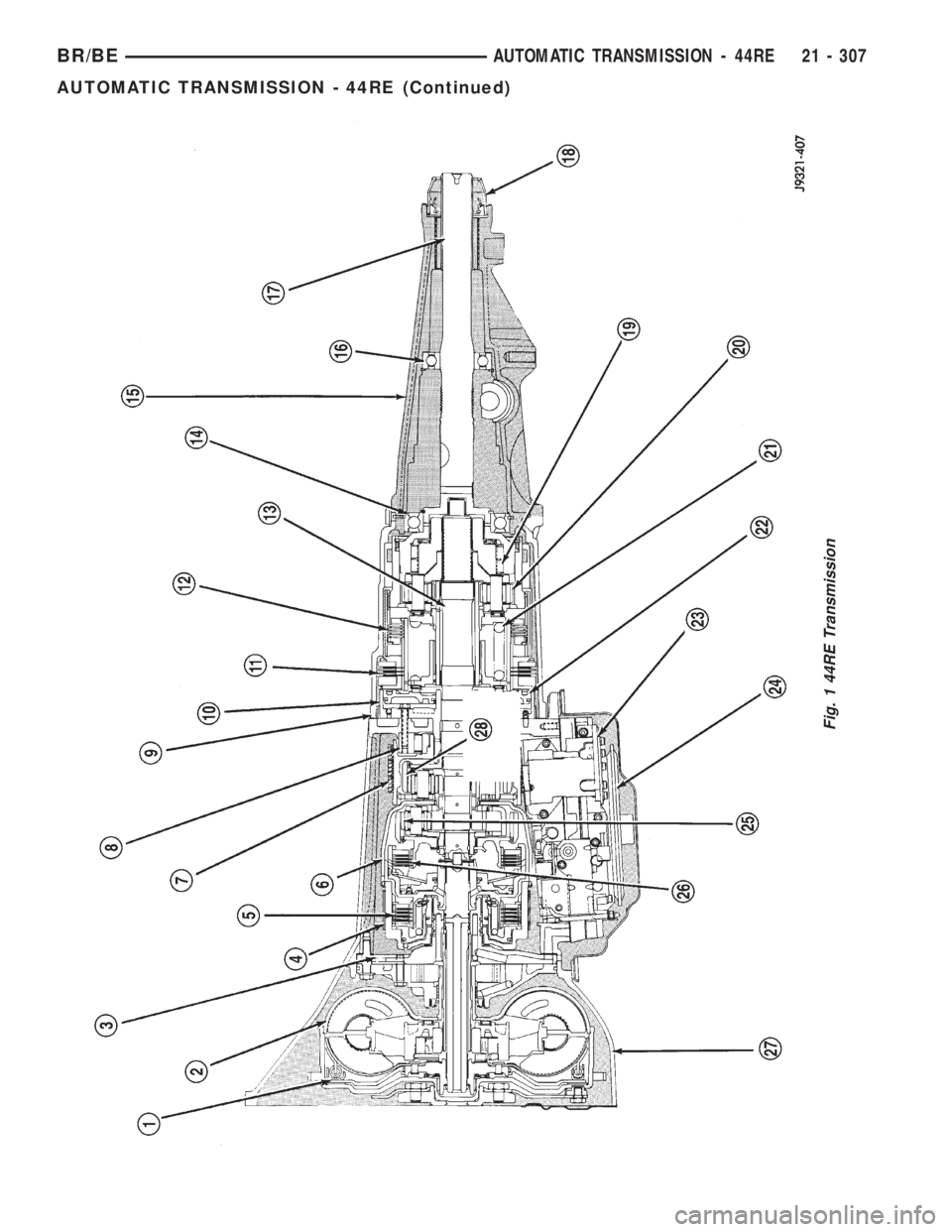 DODGE RAM 2001  Service Repair Manual Fig. 1 44RE Transmission
BR/BEAUTOMATIC TRANSMISSION - 44RE 21 - 307
AUTOMATIC TRANSMISSION - 44RE (Continued) 