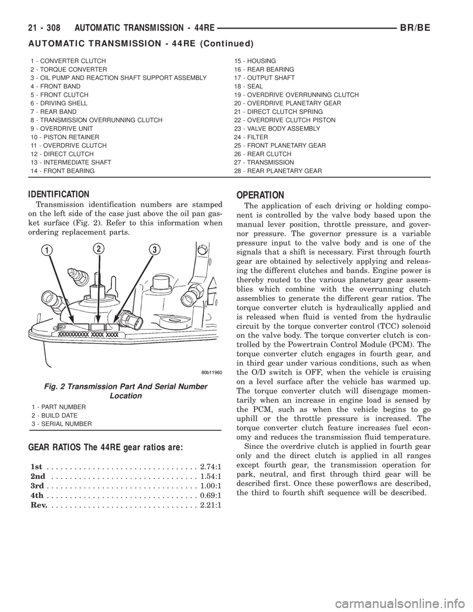 DODGE RAM 2001  Service Repair Manual IDENTIFICATION
Transmission identification numbers are stamped
on the left side of the case just above the oil pan gas-
ket surface (Fig. 2). Refer to this information when
ordering replacement parts.