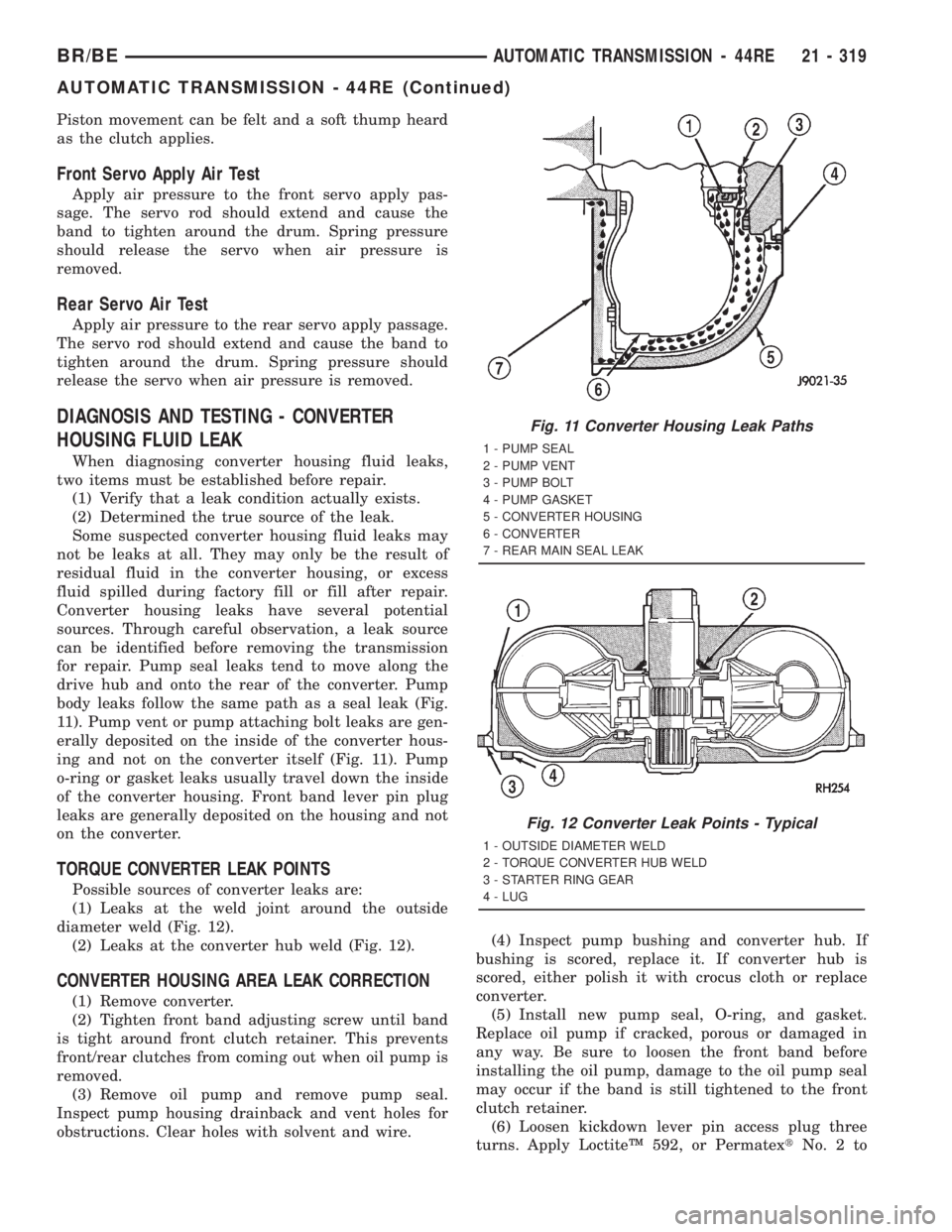 DODGE RAM 2001 Service Repair Manual Piston movement can be felt and a soft thump heard
as the clutch applies.
Front Servo Apply Air Test
Apply air pressure to the front servo apply pas-
sage. The servo rod should extend and cause the
ba DODGE RAM 2001 Service Repair Manual Piston movement can be felt and a soft thump heard
as the clutch applies.
Front Servo Apply Air Test
Apply air pressure to the front servo apply pas-
sage. The servo rod should extend and cause the
ba