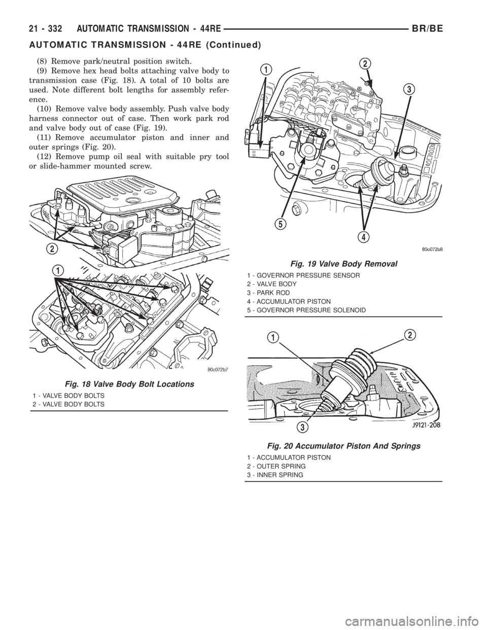 DODGE RAM 2001 Service Repair Manual (8) Remove park/neutral position switch.
(9) Remove hex head bolts attaching valve body to
transmission case (Fig. 18). A total of 10 bolts are
used. Note different bolt lengths for assembly refer-
en DODGE RAM 2001 Service Repair Manual (8) Remove park/neutral position switch.
(9) Remove hex head bolts attaching valve body to
transmission case (Fig. 18). A total of 10 bolts are
used. Note different bolt lengths for assembly refer-
en