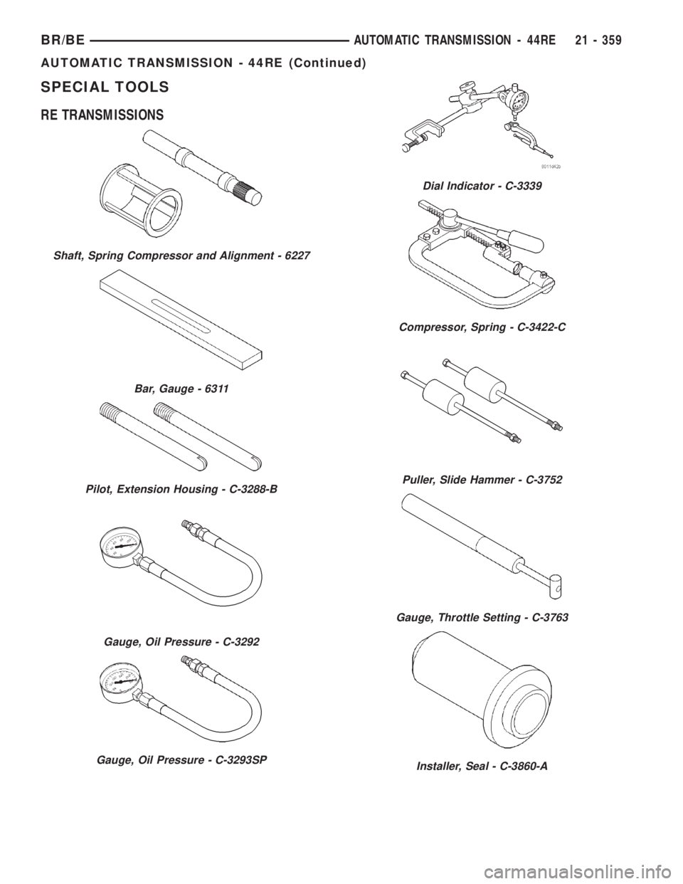 DODGE RAM 2001 Service Repair Manual SPECIAL TOOLS
RE TRANSMISSIONS
Shaft, Spring Compressor and Alignment - 6227
Bar, Gauge - 6311
Pilot, Extension Housing - C-3288-B
Gauge, Oil Pressure - C-3292
Gauge, Oil Pressure - C-3293SP
Dial Indi DODGE RAM 2001 Service Repair Manual SPECIAL TOOLS
RE TRANSMISSIONS
Shaft, Spring Compressor and Alignment - 6227
Bar, Gauge - 6311
Pilot, Extension Housing - C-3288-B
Gauge, Oil Pressure - C-3292
Gauge, Oil Pressure - C-3293SP
Dial Indi