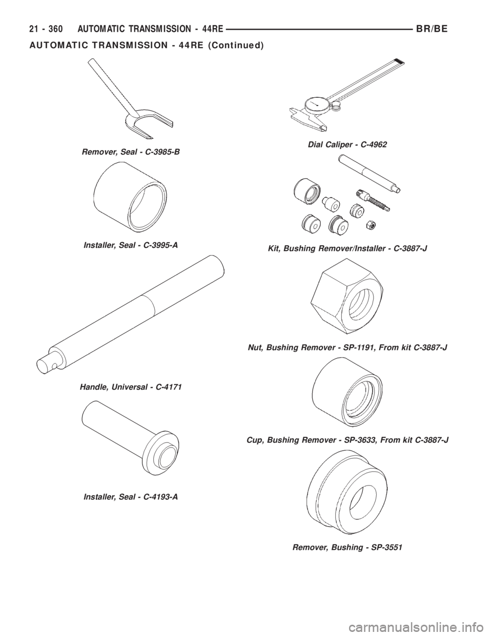 DODGE RAM 2001 Service Repair Manual Remover, Seal - C-3985-B
Installer, Seal - C-3995-A
Handle, Universal - C-4171
Installer, Seal - C-4193-A
Dial Caliper - C-4962
Kit, Bushing Remover/Installer - C-3887-J
Nut, Bushing Remover - SP-1191 DODGE RAM 2001 Service Repair Manual Remover, Seal - C-3985-B
Installer, Seal - C-3995-A
Handle, Universal - C-4171
Installer, Seal - C-4193-A
Dial Caliper - C-4962
Kit, Bushing Remover/Installer - C-3887-J
Nut, Bushing Remover - SP-1191