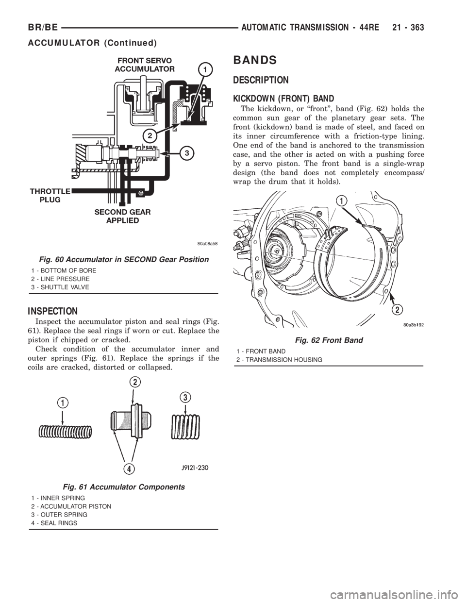 DODGE RAM 2001 Service Repair Manual INSPECTION
Inspect the accumulator piston and seal rings (Fig.
61). Replace the seal rings if worn or cut. Replace the
piston if chipped or cracked.
Check condition of the accumulator inner and
outer DODGE RAM 2001 Service Repair Manual INSPECTION
Inspect the accumulator piston and seal rings (Fig.
61). Replace the seal rings if worn or cut. Replace the
piston if chipped or cracked.
Check condition of the accumulator inner and
outer