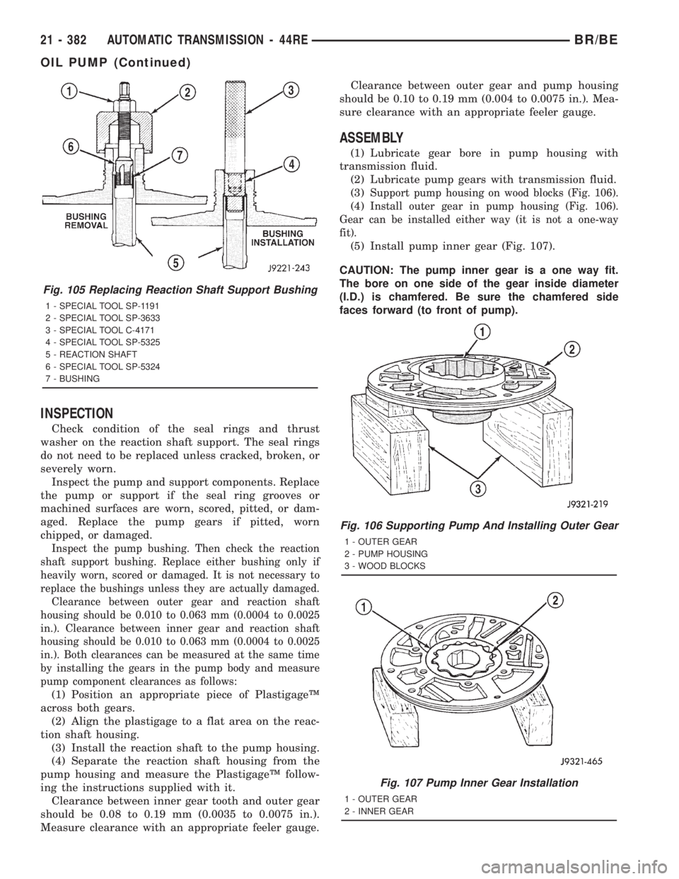 DODGE RAM 2001 Service Repair Manual INSPECTION
Check condition of the seal rings and thrust
washer on the reaction shaft support. The seal rings
do not need to be replaced unless cracked, broken, or
severely worn.
Inspect the pump and s DODGE RAM 2001 Service Repair Manual INSPECTION
Check condition of the seal rings and thrust
washer on the reaction shaft support. The seal rings
do not need to be replaced unless cracked, broken, or
severely worn.
Inspect the pump and s