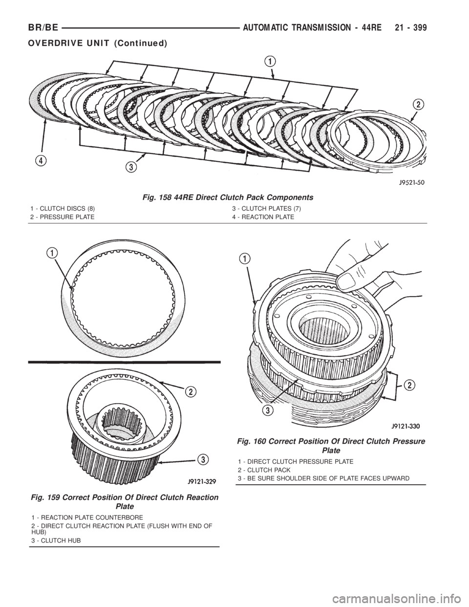 DODGE RAM 2001 Service Repair Manual Fig. 158 44RE Direct Clutch Pack Components
1 - CLUTCH DISCS (8) 3 - CLUTCH PLATES (7)
2 - PRESSURE PLATE 4 - REACTION PLATE
Fig. 159 Correct Position Of Direct Clutch Reaction
Plate
1 - REACTION PLAT DODGE RAM 2001 Service Repair Manual Fig. 158 44RE Direct Clutch Pack Components
1 - CLUTCH DISCS (8) 3 - CLUTCH PLATES (7)
2 - PRESSURE PLATE 4 - REACTION PLATE
Fig. 159 Correct Position Of Direct Clutch Reaction
Plate
1 - REACTION PLAT