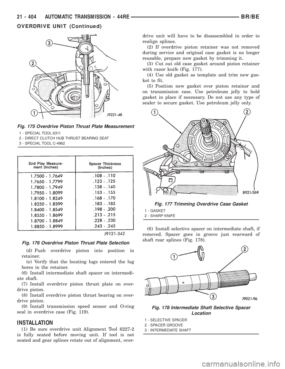DODGE RAM 2001 Service Repair Manual (d) Push overdrive piston into position in
retainer.
(e) Verify that the locating lugs entered the lug
bores in the retainer.
(6) Install intermediate shaft spacer on intermedi-
ate shaft.
(7) Install DODGE RAM 2001 Service Repair Manual (d) Push overdrive piston into position in
retainer.
(e) Verify that the locating lugs entered the lug
bores in the retainer.
(6) Install intermediate shaft spacer on intermedi-
ate shaft.
(7) Install
