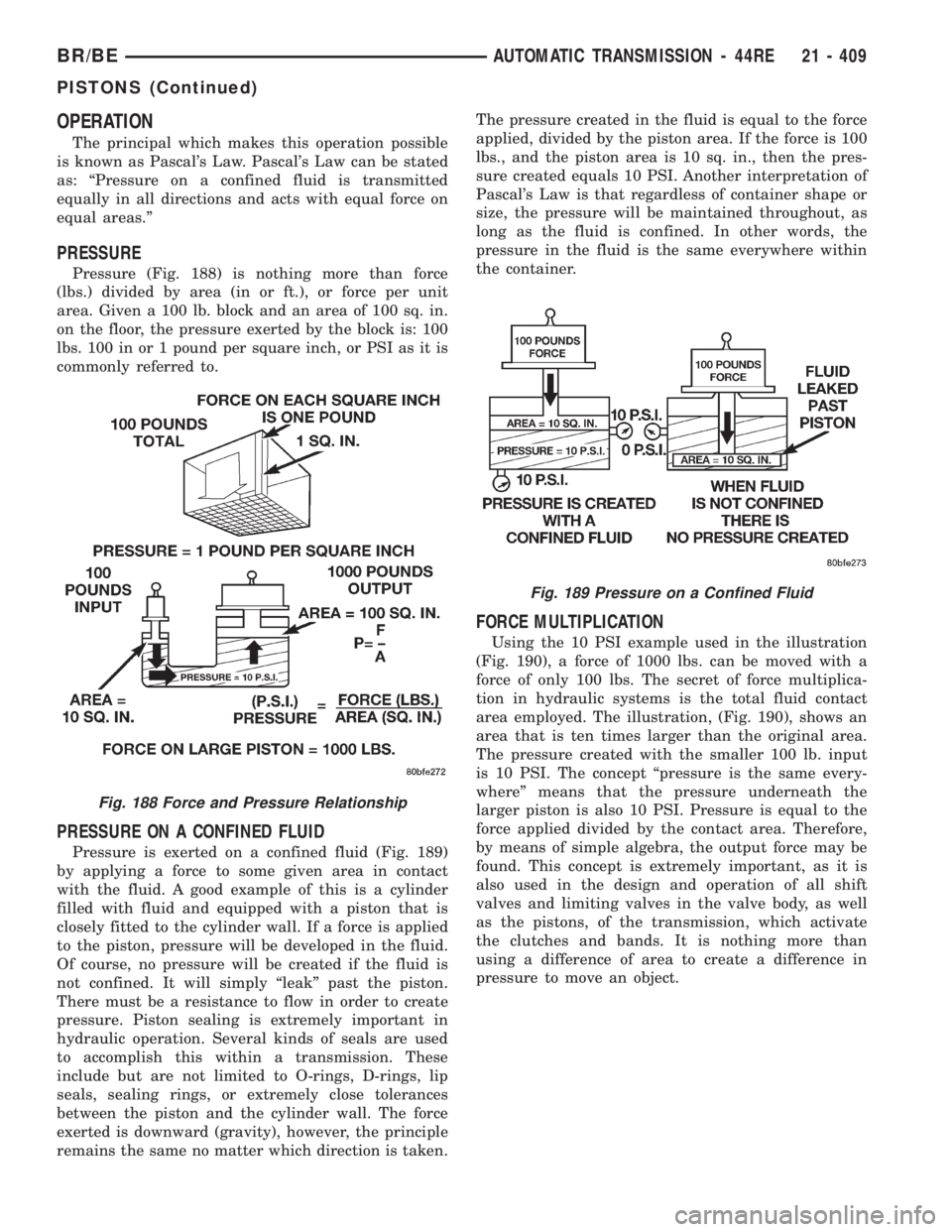 DODGE RAM 2001 Service Repair Manual OPERATION
The principal which makes this operation possible
is known as Pascals Law. Pascals Law can be stated
as: ªPressure on a confined fluid is transmitted
equally in all directions and acts wi DODGE RAM 2001 Service Repair Manual OPERATION
The principal which makes this operation possible
is known as Pascals Law. Pascals Law can be stated
as: ªPressure on a confined fluid is transmitted
equally in all directions and acts wi