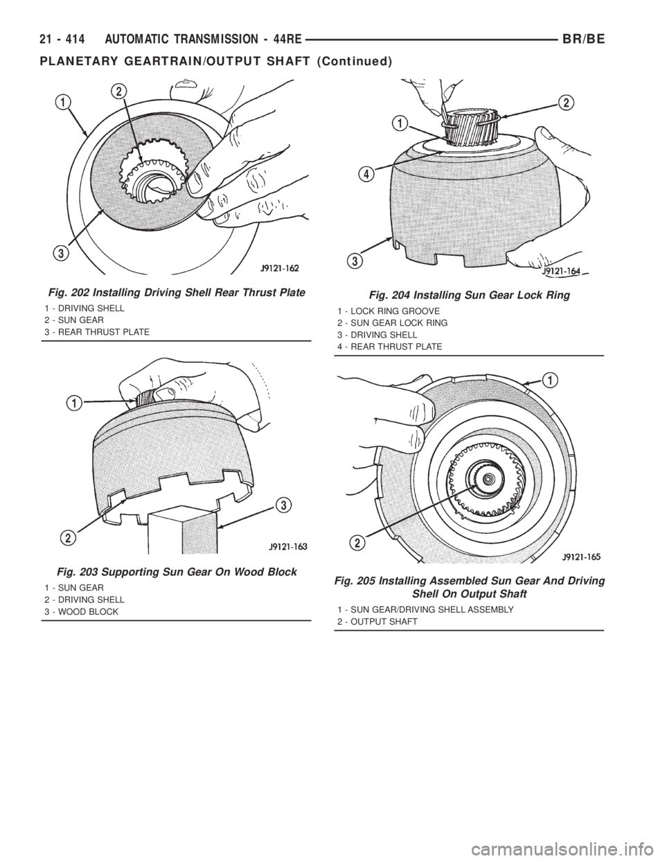 DODGE RAM 2001 Service Repair Manual Fig. 202 Installing Driving Shell Rear Thrust Plate
1 - DRIVING SHELL
2 - SUN GEAR
3 - REAR THRUST PLATE
Fig. 203 Supporting Sun Gear On Wood Block
1 - SUN GEAR
2 - DRIVING SHELL
3 - WOOD BLOCK
Fig. 2 DODGE RAM 2001 Service Repair Manual Fig. 202 Installing Driving Shell Rear Thrust Plate
1 - DRIVING SHELL
2 - SUN GEAR
3 - REAR THRUST PLATE
Fig. 203 Supporting Sun Gear On Wood Block
1 - SUN GEAR
2 - DRIVING SHELL
3 - WOOD BLOCK
Fig. 2