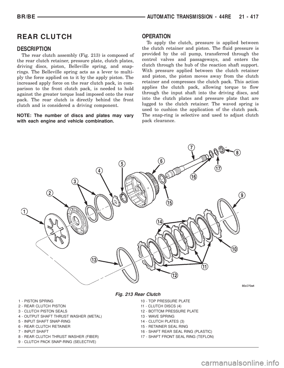 DODGE RAM 2001 Service Repair Manual REAR CLUTCH
DESCRIPTION
The rear clutch assembly (Fig. 213) is composed of
the rear clutch retainer, pressure plate, clutch plates,
driving discs, piston, Belleville spring, and snap-
rings. The Belle DODGE RAM 2001 Service Repair Manual REAR CLUTCH
DESCRIPTION
The rear clutch assembly (Fig. 213) is composed of
the rear clutch retainer, pressure plate, clutch plates,
driving discs, piston, Belleville spring, and snap-
rings. The Belle