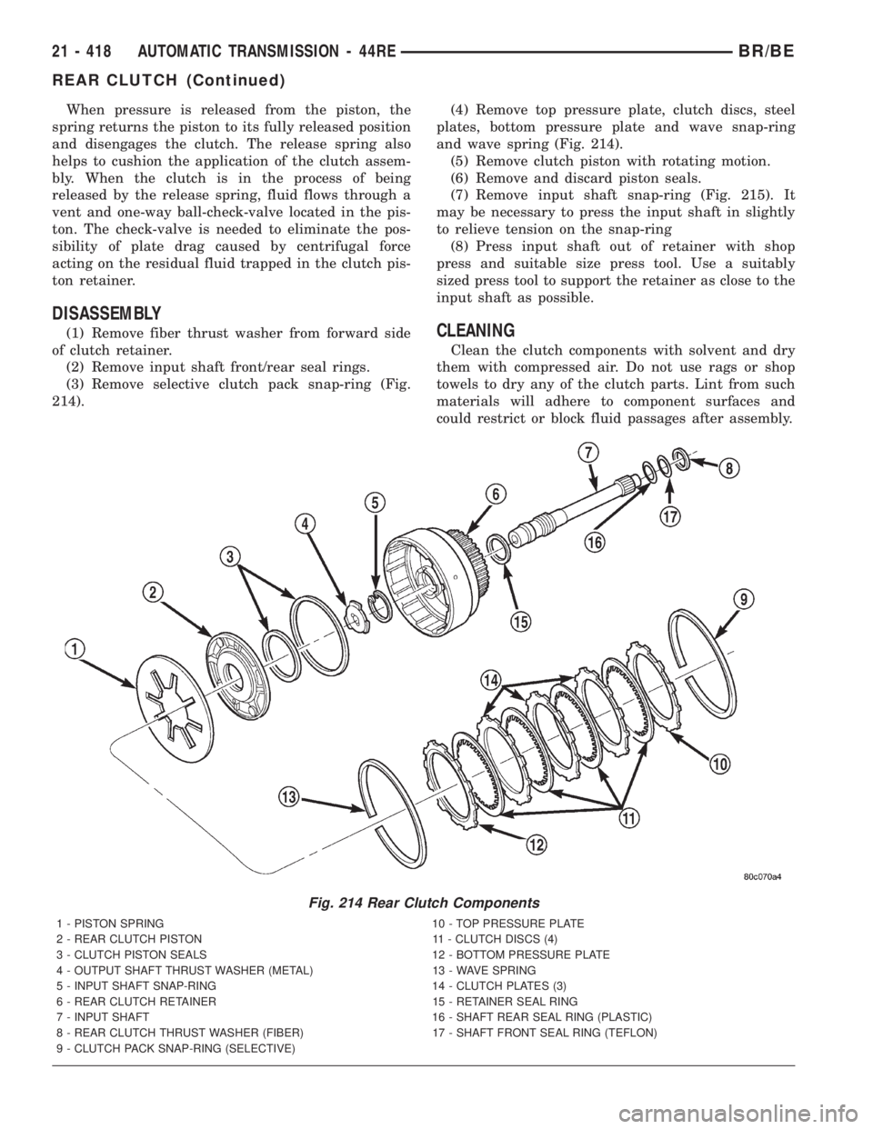 DODGE RAM 2001 Service Repair Manual When pressure is released from the piston, the
spring returns the piston to its fully released position
and disengages the clutch. The release spring also
helps to cushion the application of the clutc DODGE RAM 2001 Service Repair Manual When pressure is released from the piston, the
spring returns the piston to its fully released position
and disengages the clutch. The release spring also
helps to cushion the application of the clutc