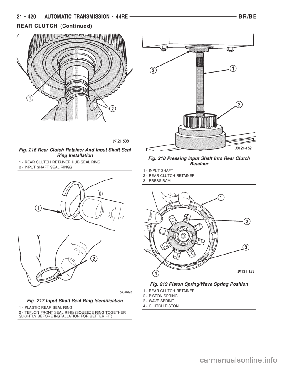 DODGE RAM 2001 Service Repair Manual Fig. 216 Rear Clutch Retainer And Input Shaft Seal
Ring Installation
1 - REAR CLUTCH RETAINER HUB SEAL RING
2 - INPUT SHAFT SEAL RINGS
Fig. 217 Input Shaft Seal Ring Identification
1 - PLASTIC REAR SE DODGE RAM 2001 Service Repair Manual Fig. 216 Rear Clutch Retainer And Input Shaft Seal
Ring Installation
1 - REAR CLUTCH RETAINER HUB SEAL RING
2 - INPUT SHAFT SEAL RINGS
Fig. 217 Input Shaft Seal Ring Identification
1 - PLASTIC REAR SE