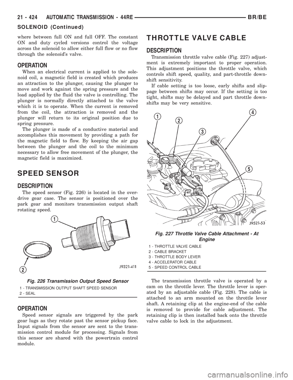 DODGE RAM 2001  Service Repair Manual where between full ON and full OFF. The constant
ON and duty cycled versions control the voltage
across the solenoid to allow either full flow or no flow
through the solenoids valve.
OPERATION
When a