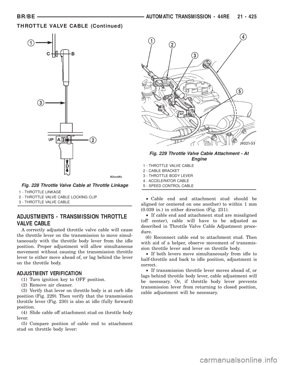 DODGE RAM 2001 Service Repair Manual ADJUSTMENTS - TRANSMISSION THROTTLE
VALVE CABLE
A correctly adjusted throttle valve cable will cause
the throttle lever on the transmission to move simul-
taneously with the throttle body lever from t DODGE RAM 2001 Service Repair Manual ADJUSTMENTS - TRANSMISSION THROTTLE
VALVE CABLE
A correctly adjusted throttle valve cable will cause
the throttle lever on the transmission to move simul-
taneously with the throttle body lever from t