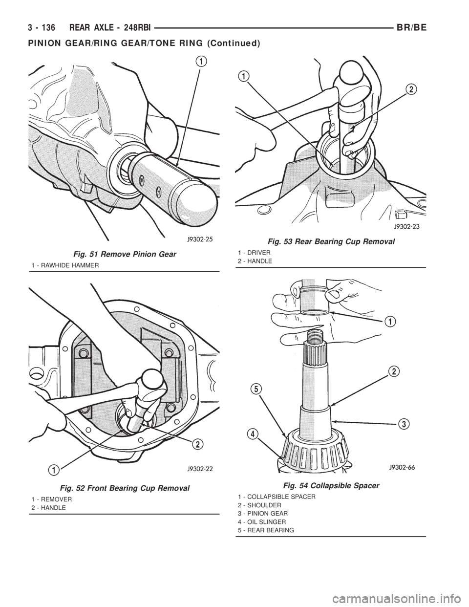 DODGE RAM 2001  Service Repair Manual Fig. 51 Remove Pinion Gear
1 - RAWHIDE HAMMER
Fig. 52 Front Bearing Cup Removal
1 - REMOVER
2 - HANDLE
Fig. 53 Rear Bearing Cup Removal
1 - DRIVER
2 - HANDLE
Fig. 54 Collapsible Spacer
1 - COLLAPSIBLE