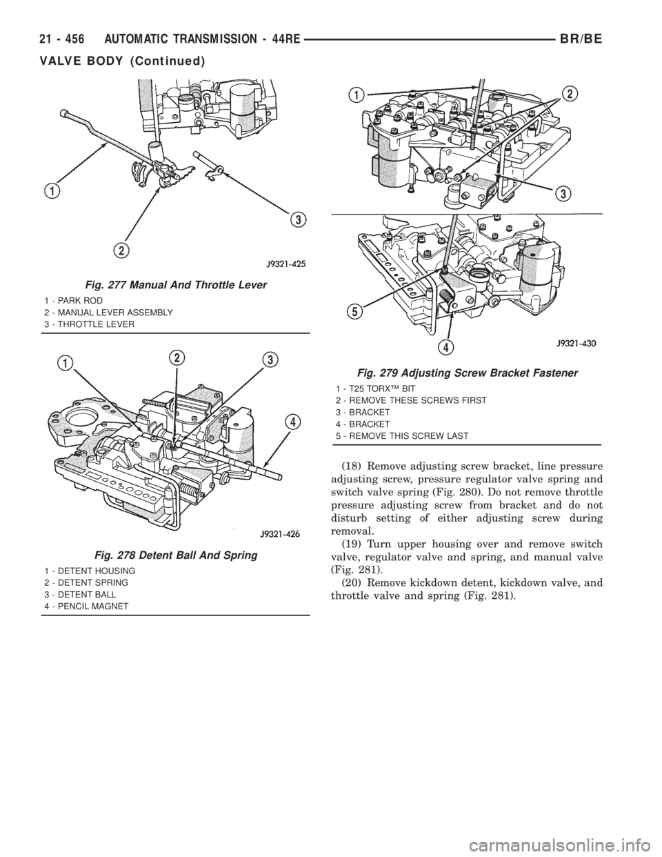 DODGE RAM 2001 Service Repair Manual (18) Remove adjusting screw bracket, line pressure
adjusting screw, pressure regulator valve spring and
switch valve spring (Fig. 280). Do not remove throttle
pressure adjusting screw from bracket and DODGE RAM 2001 Service Repair Manual (18) Remove adjusting screw bracket, line pressure
adjusting screw, pressure regulator valve spring and
switch valve spring (Fig. 280). Do not remove throttle
pressure adjusting screw from bracket and