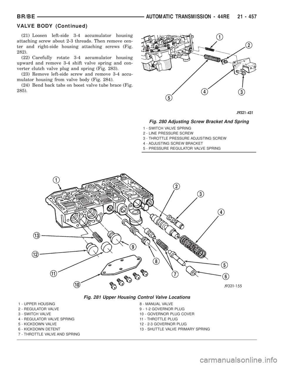 DODGE RAM 2001 Service Repair Manual (21) Loosen left-side 3-4 accumulator housing
attaching screw about 2-3 threads. Then remove cen-
ter and right-side housing attaching screws (Fig.
282).
(22) Carefully rotate 3-4 accumulator housing
DODGE RAM 2001 Service Repair Manual (21) Loosen left-side 3-4 accumulator housing
attaching screw about 2-3 threads. Then remove cen-
ter and right-side housing attaching screws (Fig.
282).
(22) Carefully rotate 3-4 accumulator housing